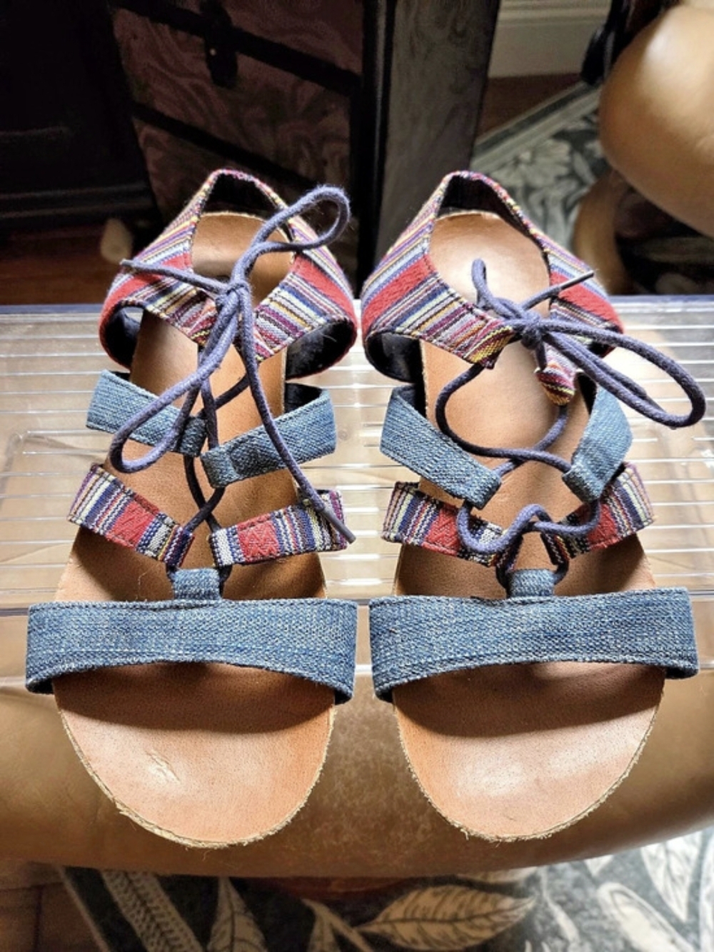 Minnetonka Multi Stripe Lace-Up Sandals Blue & Red